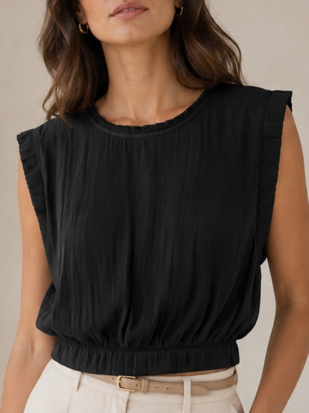 By Together Large Sleeveless Black Crop Top Silk like